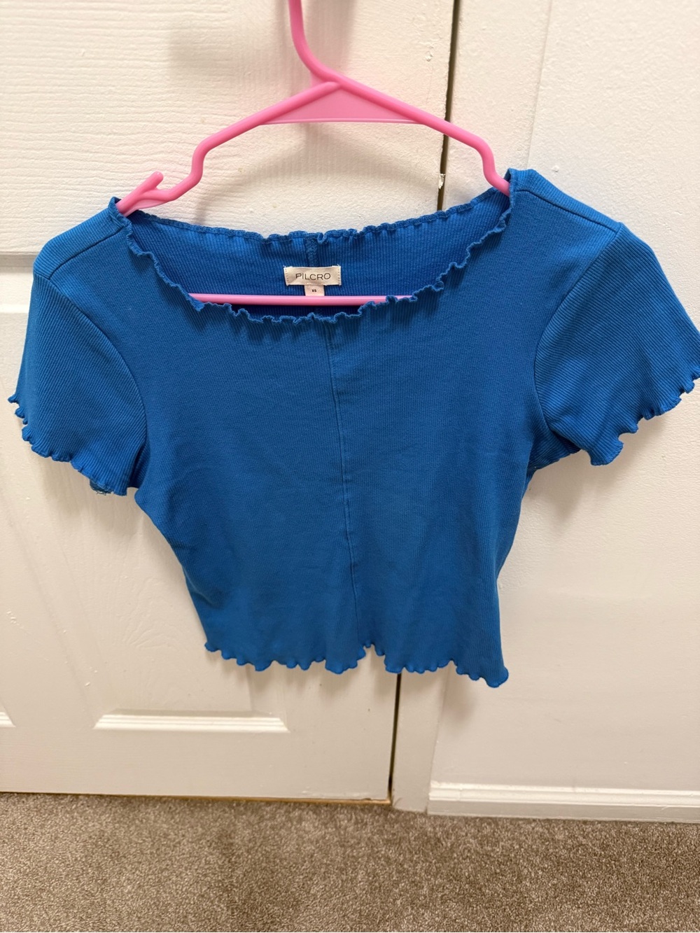 Pilcro Bright Turquoise Ribbed Lettuce-Edge Short Sleeve Top - Picture 3 of 3